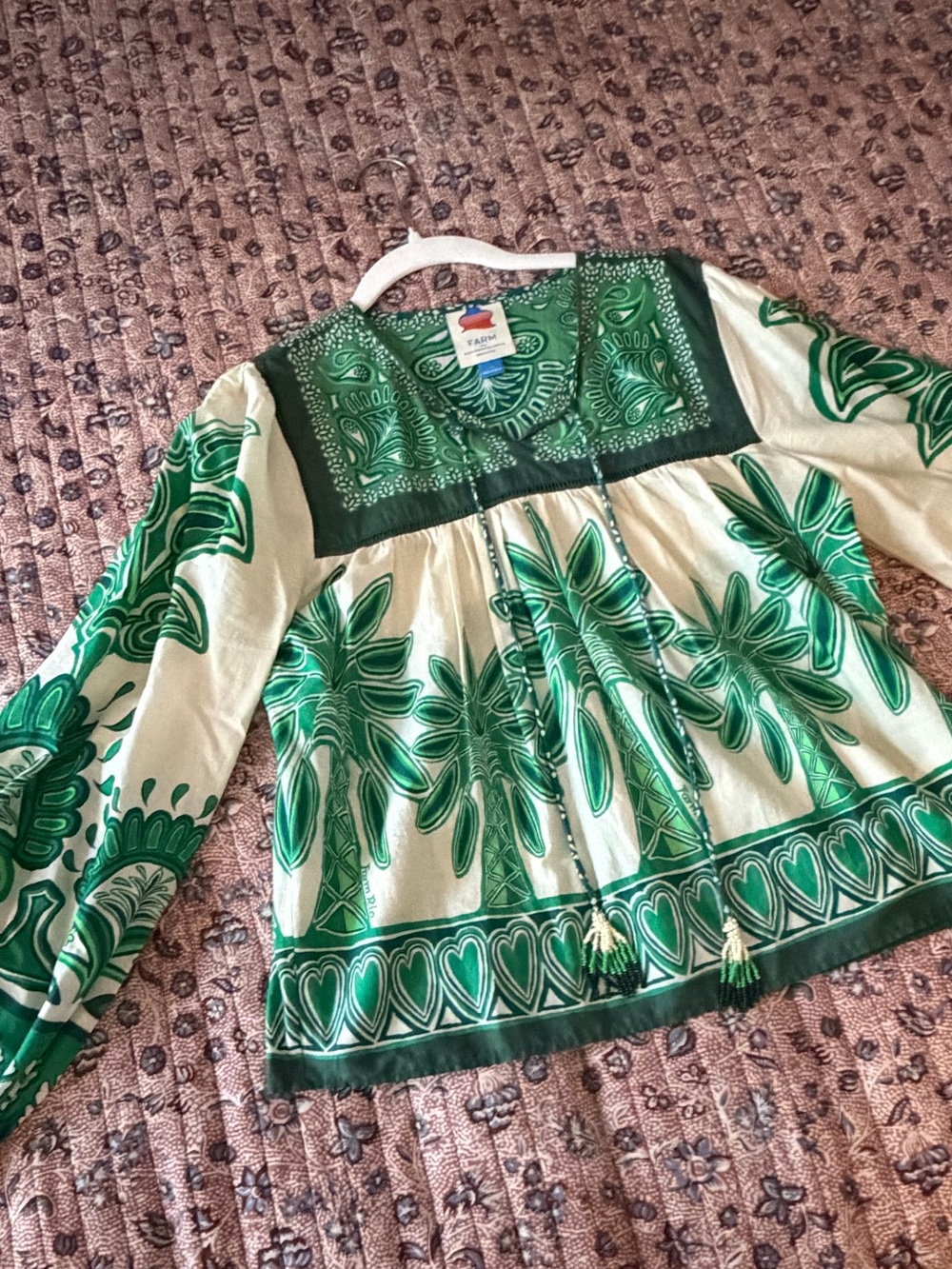 FARM Rio Green & Cream Floral Peasant Blouse